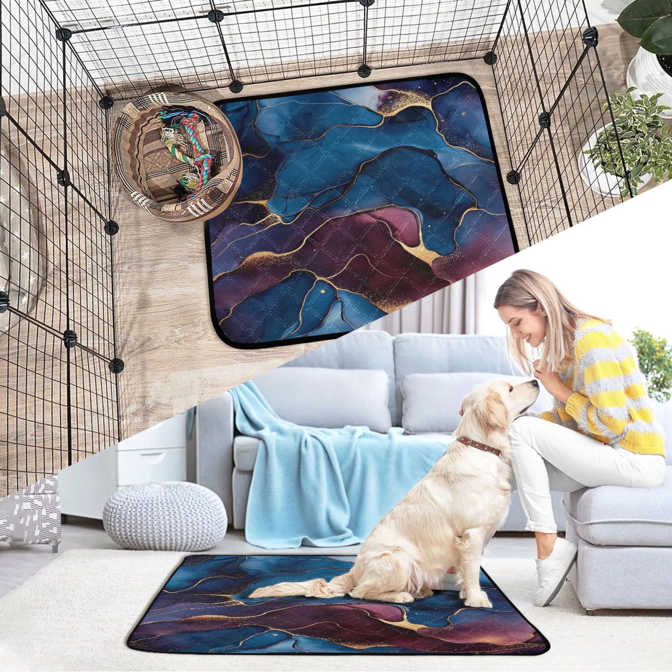 Qxltty Gilt Blue Pattern Cat litter Pads Pet Set of 3 Diaper Mats Center Anti-leakage Layer Absorbent Soft and Comfortable