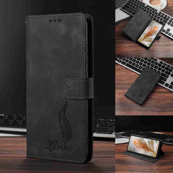 ELEHOLD Wallet Case for Samsung Galaxy A17 5G, Shockproof Feather-Embossed Leather Cover with Card Slots and Wrist Strap, Stand Feature,Black