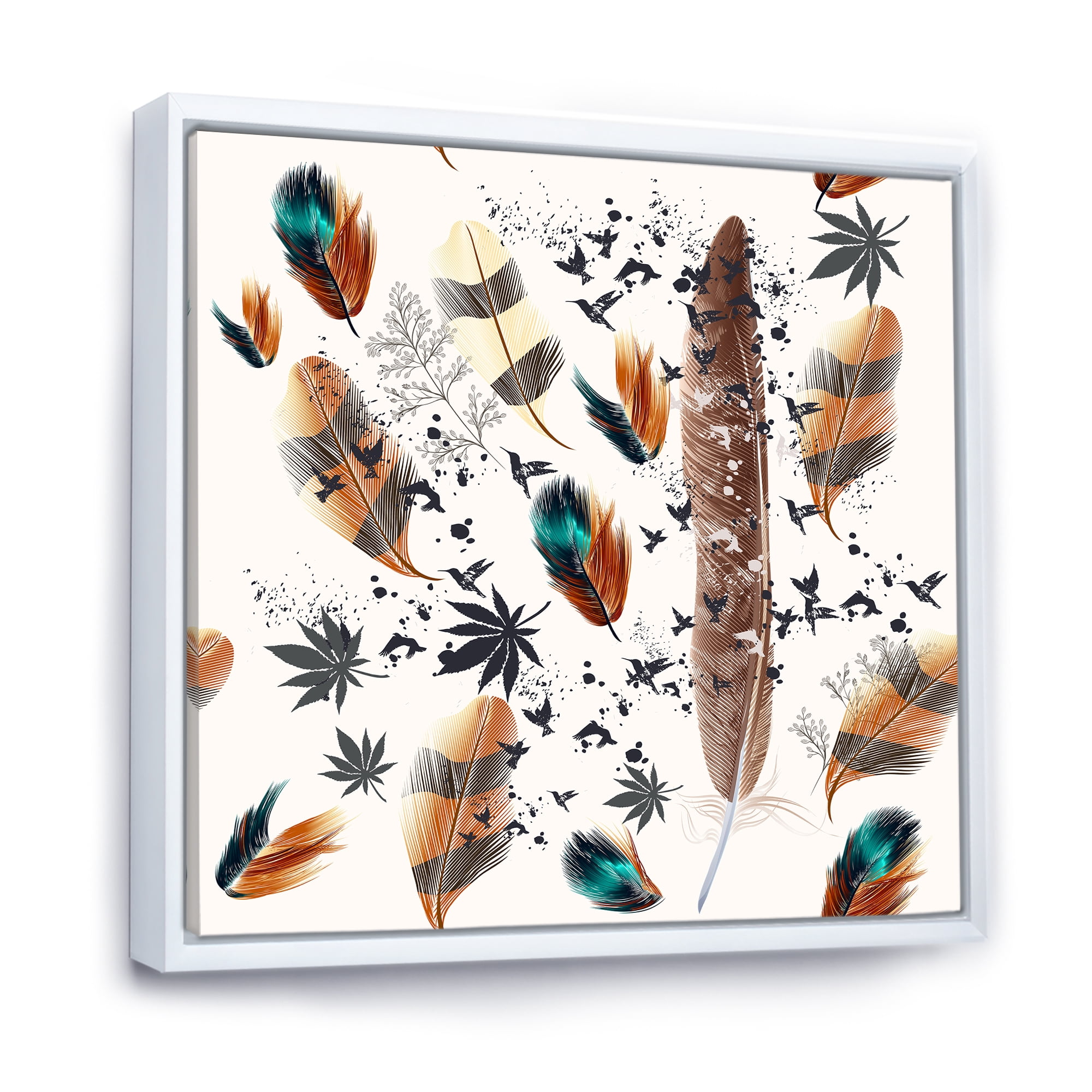 Designart 'Multicolored Feather Pattern With Floral' Bohemian & Eclectic Framed Canvas Wall Art Print