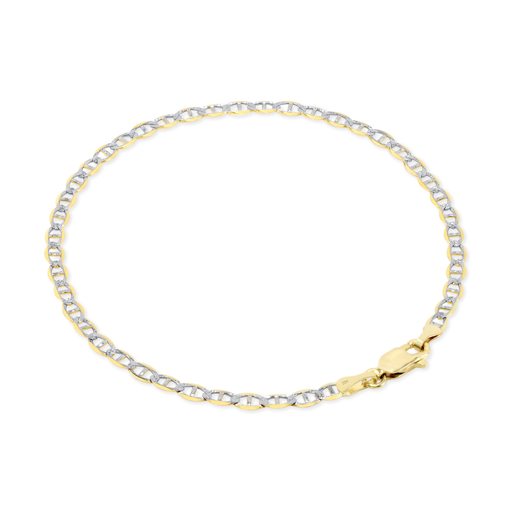Nuragold 10k Real Yellow Gold Solid Mariner 3mm Anchor Chain Pave Diamond Cut Bracelet (7"-9") Two Tone Italian Jewelry for Men & Women