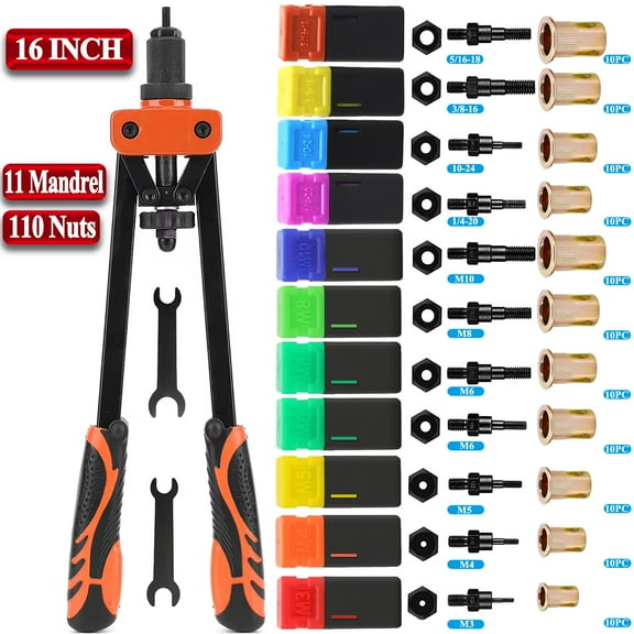 iMeshbean Rivet Nut Tool, 16" Rivnut Tool Kit with 11 PCS Mandrels (Metric M3, M4, M5, 2XM6, M8, M10; SAE 10-24, 1/4-20, 3/8-16, 5/16-18) & 110PCS Rivet Nuts, Hand Riveters Nutsert Tool Kit