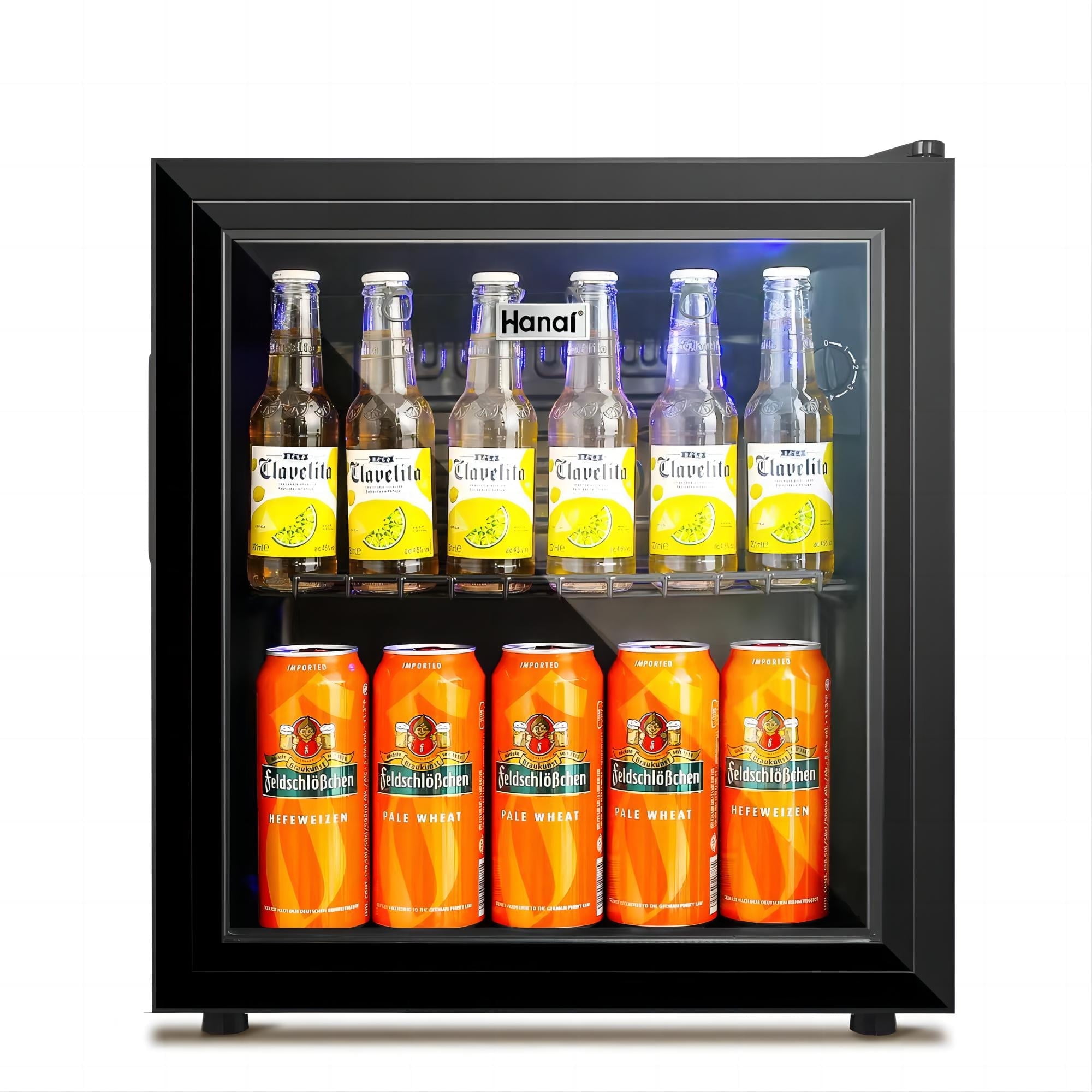 WANAI Beverages,with Temperature control,Mini Fridge,Refrigerator,Glass Door 50 Can Mini Cooler with Wine Rack,Stainless Steel Look