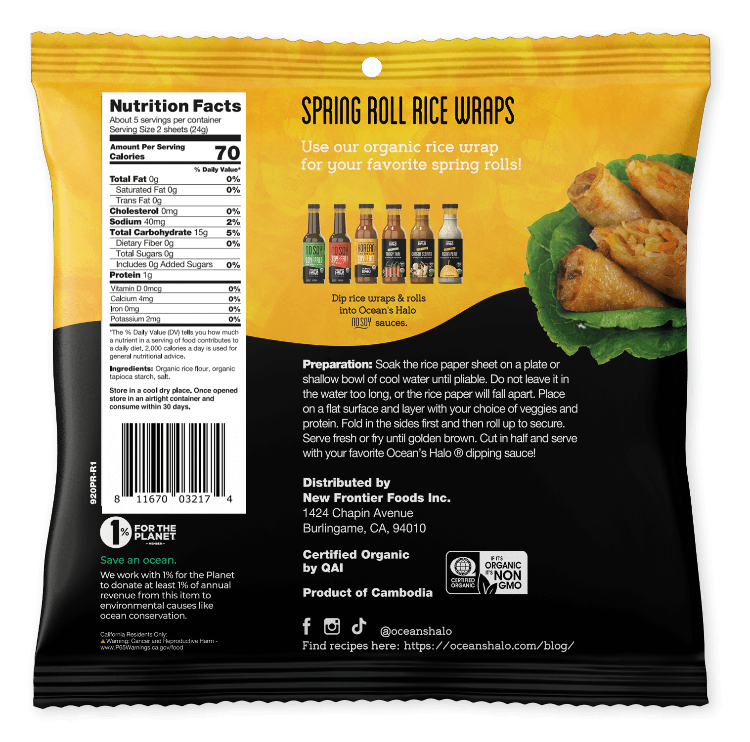Ocean's Halo Organic Spring Roll Rice Paper Wrap, Shelf-Stable, 4.2 oz