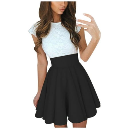 

Hfyihgf Womens Dresses Teen Girls Lace Patchwork Sleeveless Sundress Summer Prom Party Cocktail Mini Skater Dress(Black L)