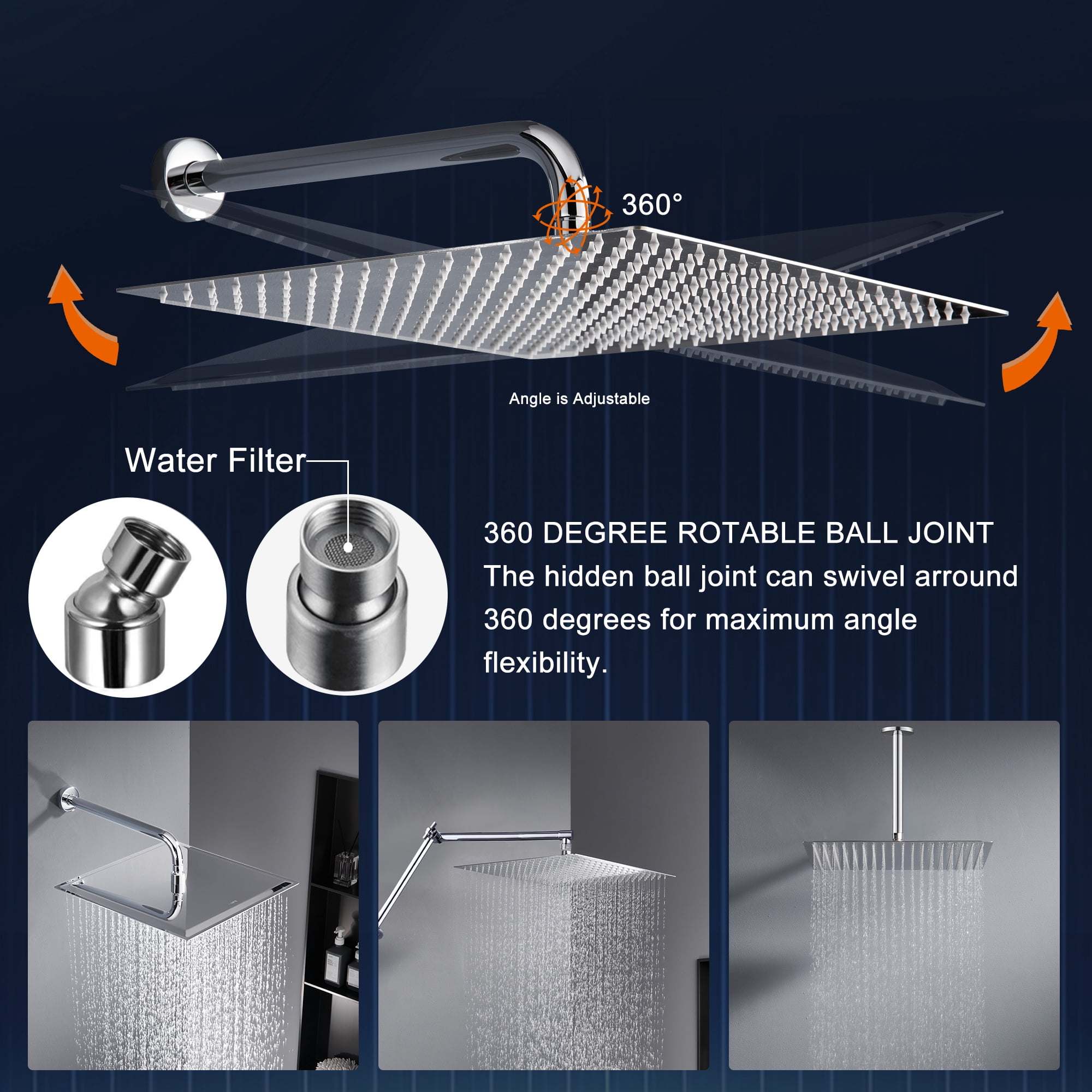 ALWEN 16 Inch Rain Shower Head Chrome, Square Ultra Thin 304 Stainless Steel High Pressure Shower Head, Large Size Rainfall Shower Head, Full Body Coverage Modern Waterfall Shower Head