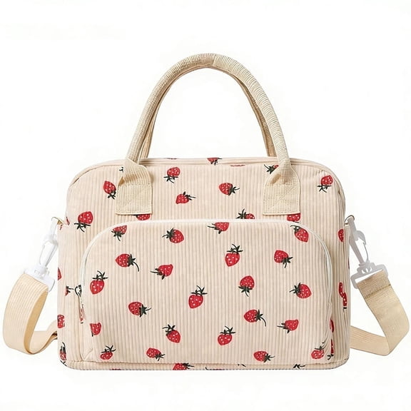 GlamourGaze Large Insulated Lunch Bag for Women Quilted Strawberry Print Reusable for Work Picnic Travel School off white