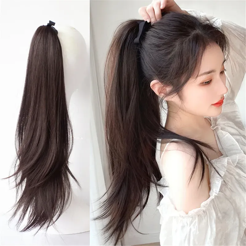 45cm Woman Wig Synthetic Natural Long Straight Ponytail Bandage Type Wig Hair Tail Curly Wig Piece Hair Extensions