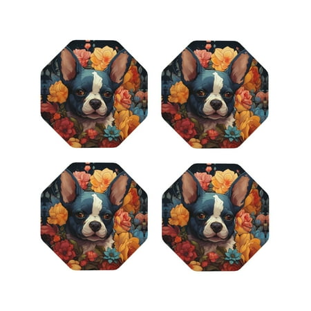 

Drink Coasters Set of 4 Cute Colorful Flower French Bulldog Leather Coasters for Coffee Table Protector Heat Resistant Cute Coasters for Home Decor Housewarming Gifts Bar Kitchen 4 Inch Octagon