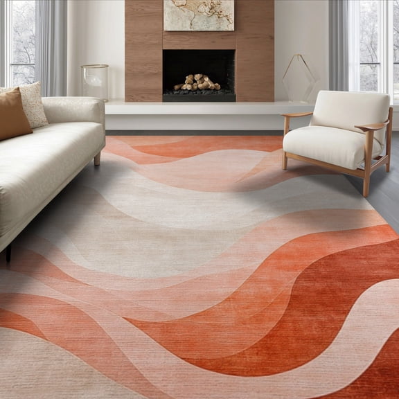 ODIKA 8'x10' Washable Area Rug Non-Slip Chair-Friendly Mat Peach Gradient Swirling Wave Abstract Ripple Motif Pastel Ombre Design for Dining Room, Large Office, Lounge