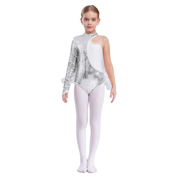 Jizyo Combinaison de Danse Ballet pour Filles Justaucorps à Paillettes avec Épaule Asymétrique, Bordure en Plumes & Jupe en Tulle Fluide Argent 10