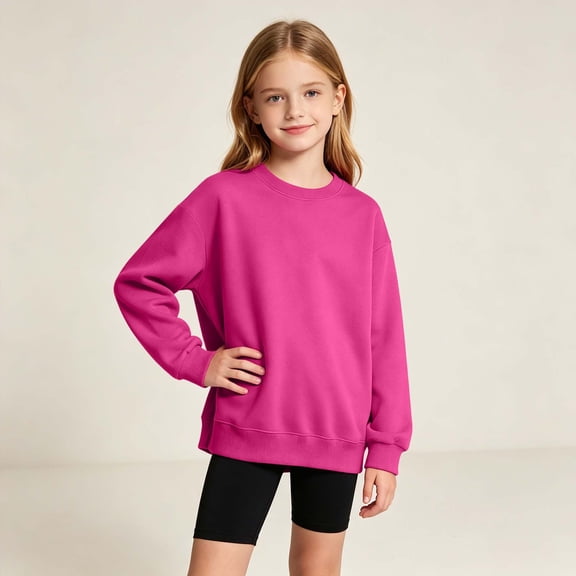 FSYBOA Girls Cotton Sweatshirts Size 10-12T, Sport Long Sleeve Casual Crew Neck Kids Pullover Tops Hot Pink