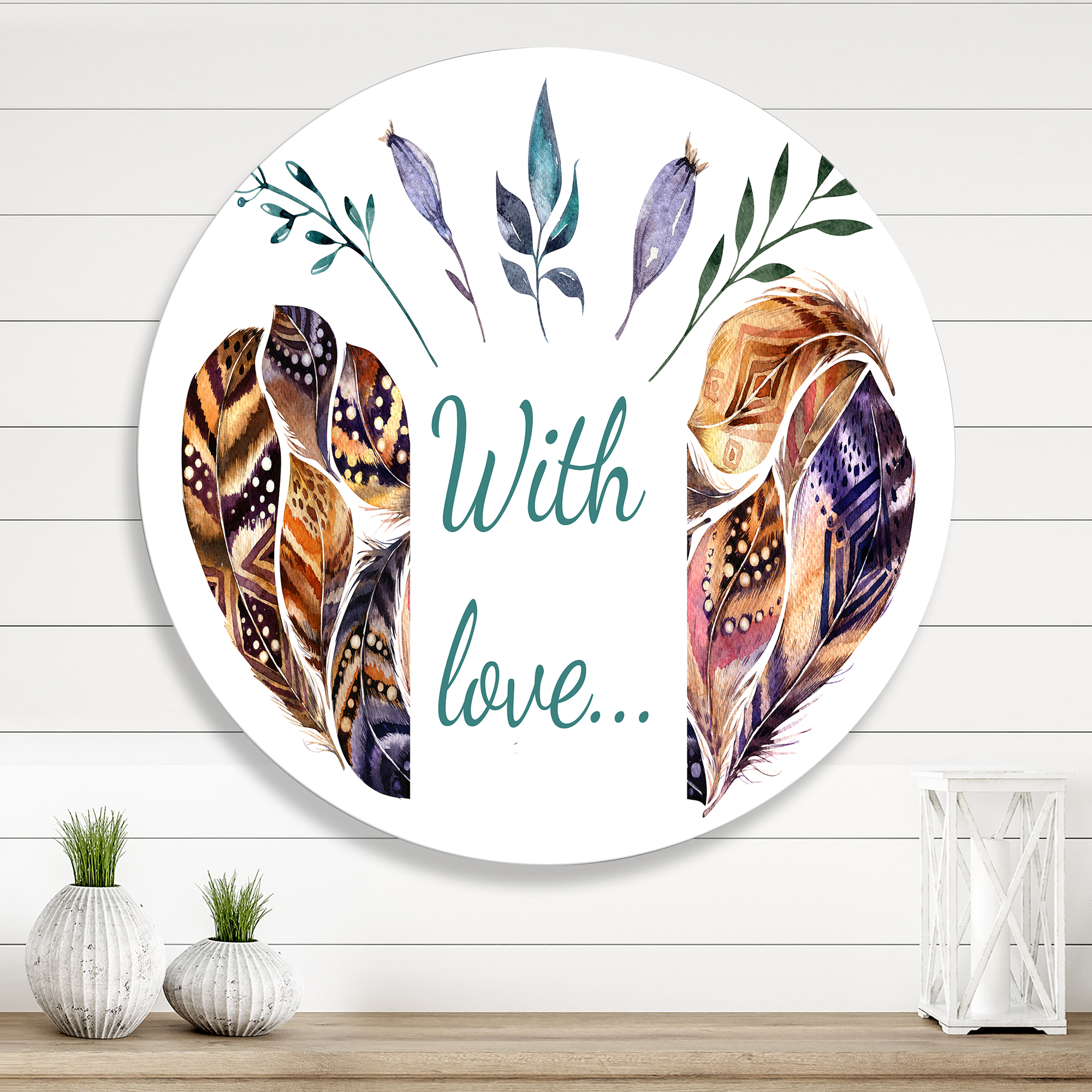 Designart 'Hearted Shaped Feathers With Love' Traditional Circle Metal Wall Art 11x11 - Disc of 11
