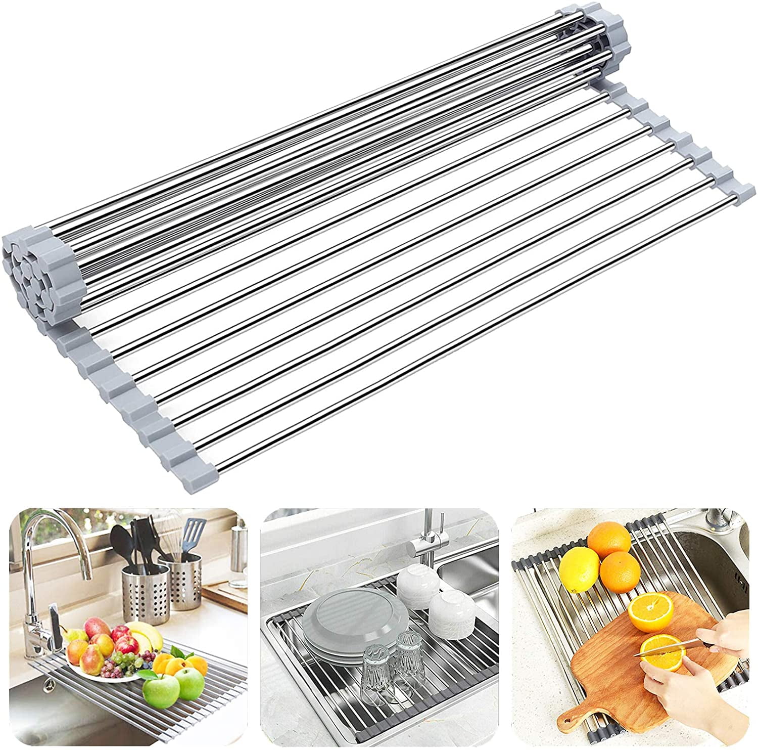 XXL Kitchen Stainless Steel Sink Drain Rack Roll Up Dish Rack Food Drying Mat 