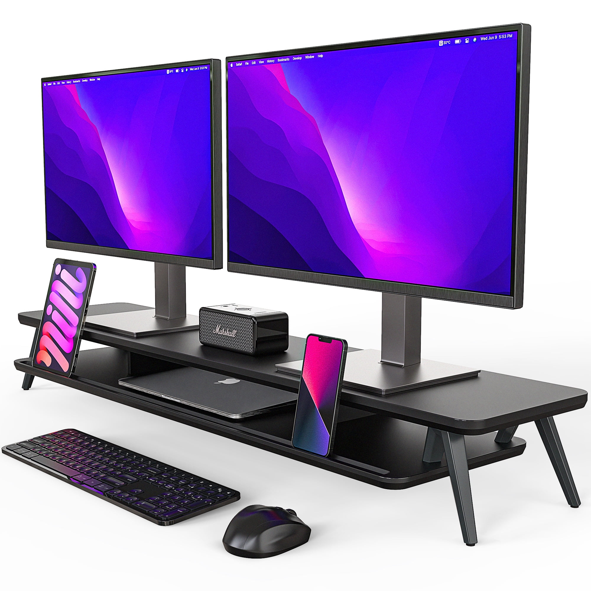 Dual Monitor Stand, 42.5 Inch Wood Desk Shelf with Storage Organizer and Cable Management for Office Desk Accessories