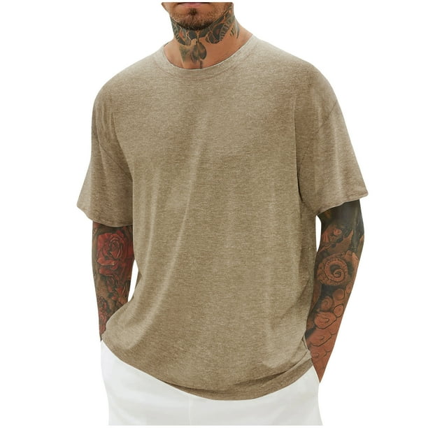 Playera Elvqul de Caballero Manga Corta de Color Sólido Casuales Algodón Caqui Cuello Redondo Deportivas