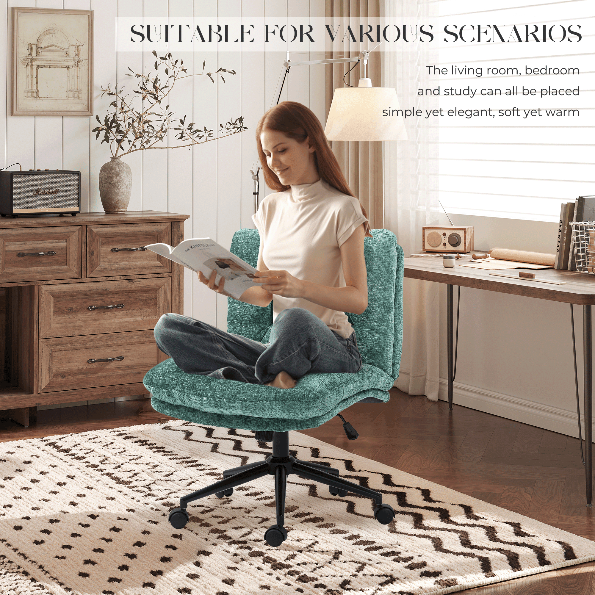 Goosea Armless Criss Cross Chairs, Premium Fabric Wide Padded Seat Office Chair，Modern Vanity Chair with Dual-Layer Cushion and Smooth-Rolling Wheels，Green