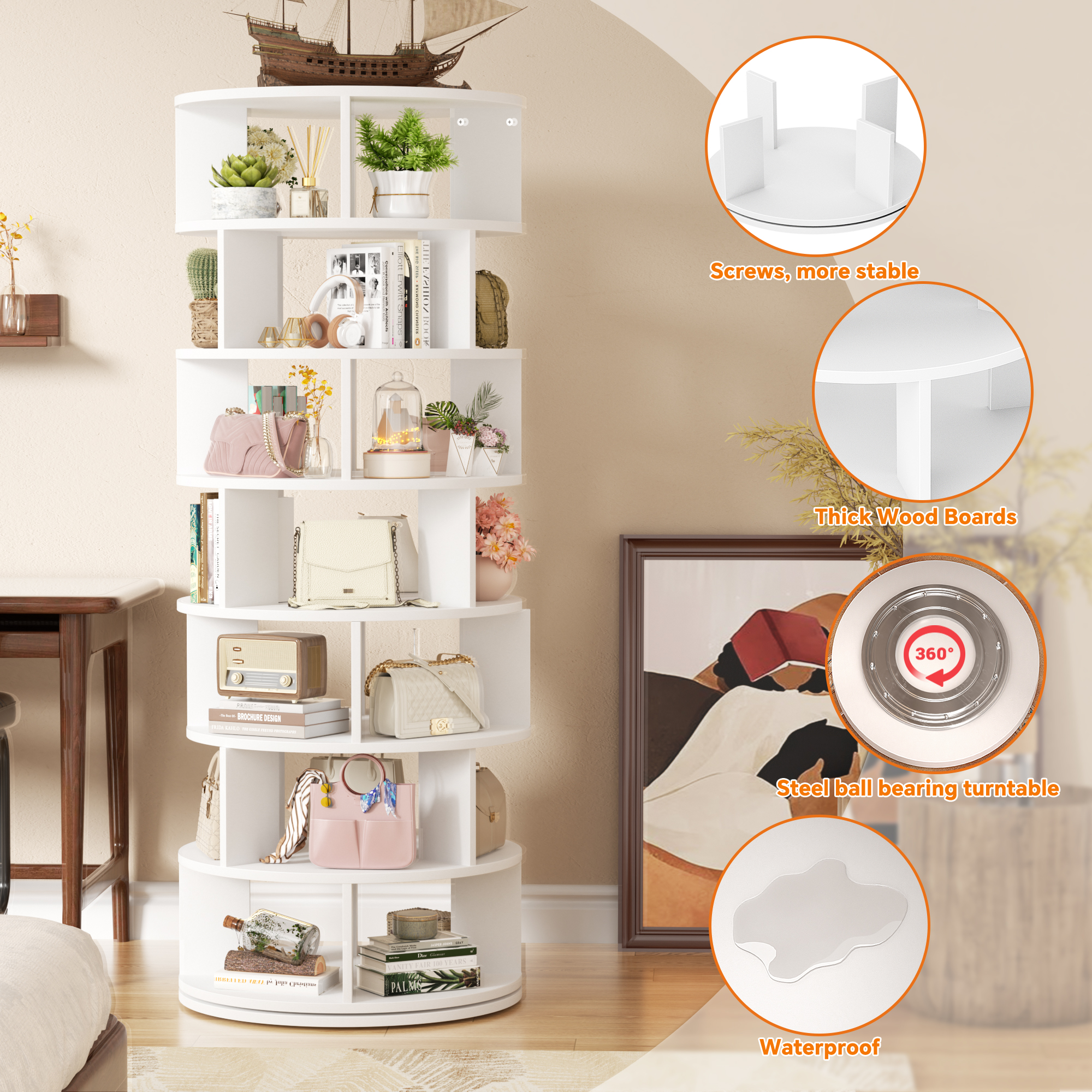 Homieasy 7-Tier Spinning Shoe Rack Tower, 360 Revolving wooden Shoe Rack, 60'' for shoes ,bags, Display Lazy Susan ,Storage Carousel,Free Standing Shoe Organizer for Entryway,White