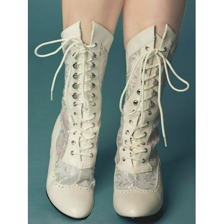 Women Fashion Victorian Mid-Calf Boots Lace Up High Heel Booties
