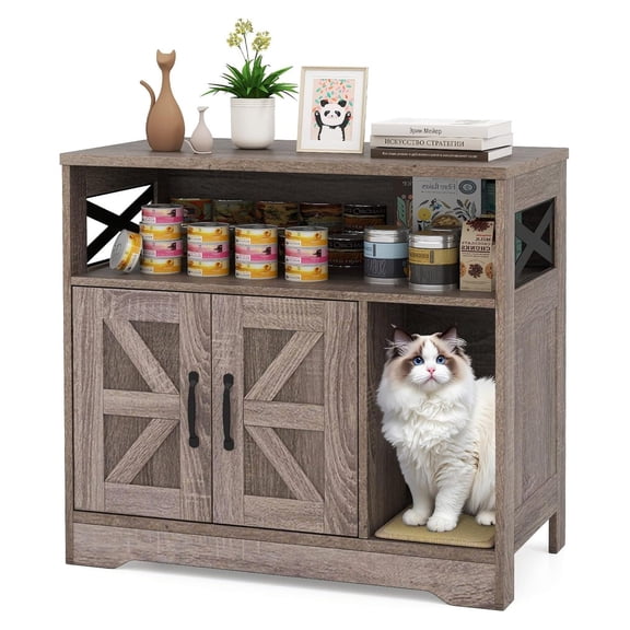 Farmhouse Cat Litter Box Enclosure, Litter Box Enclosure Furniture with Open Storage Compartment, and Sisal Scratching Pad, Grey-Brown