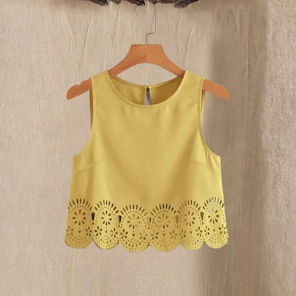 Women's Hollow Out Scallop Trim Crop Top Sleeveless Vest Summer Tank Tops Yellow S