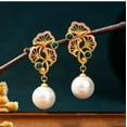 thumbnail image 4 of EOEMY Jade Enamel Pearl Dangle Earrings Boho Flower Dainty Gemstone 18K Gold Plated, 4 of 4