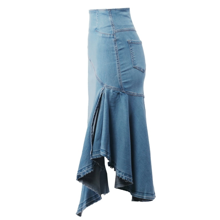 A2Y Women's Casual Rayon High Waist Back Zipper Denim Jean Long Skirts Light Wash 3XL