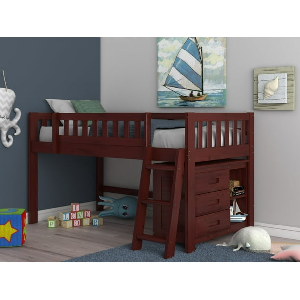 OS Home & Office Model 82804 Merlot Twin Low Loft Bed with Chest