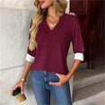 thumbnail image 2 of Women's Striped T-Shirts Trendy V-Neck Shirt Long Sleeve Button Tees Casual Fashion Shirts Classic Fit Pullover Tops (2XL, Wine), 2 of 6