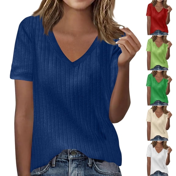 Otvok Womens Solid Color New V-Neck Loose Stripe Brushed Short Sleeved Shirt