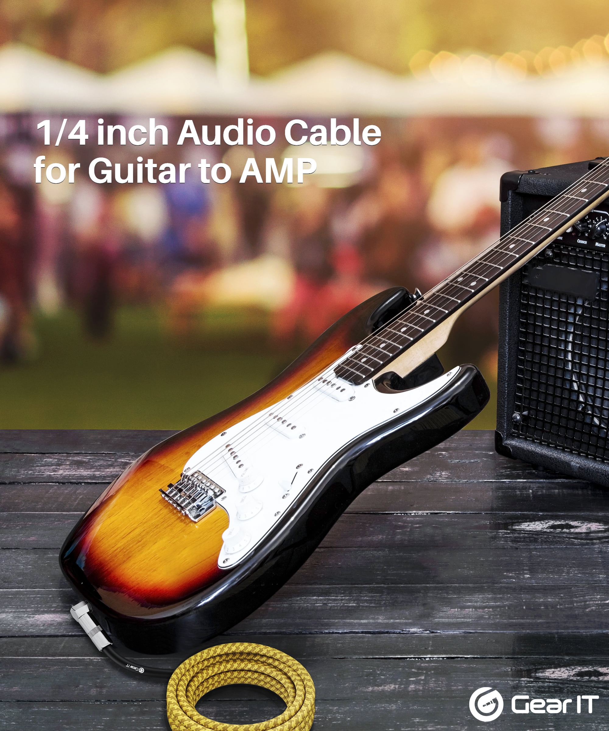 GearIT Audio Instrument Cable (20ft) Right Angle to Straight 1/4 Inch Male to Male for AMP Cord, Base and Electric Guitar - Brown/Yellow