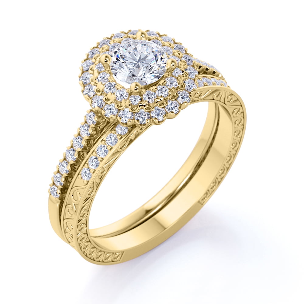 1.25 Ct Round Cut Diamond 14K Yellow Gold Finish Halo Cluster Engagement Ring 