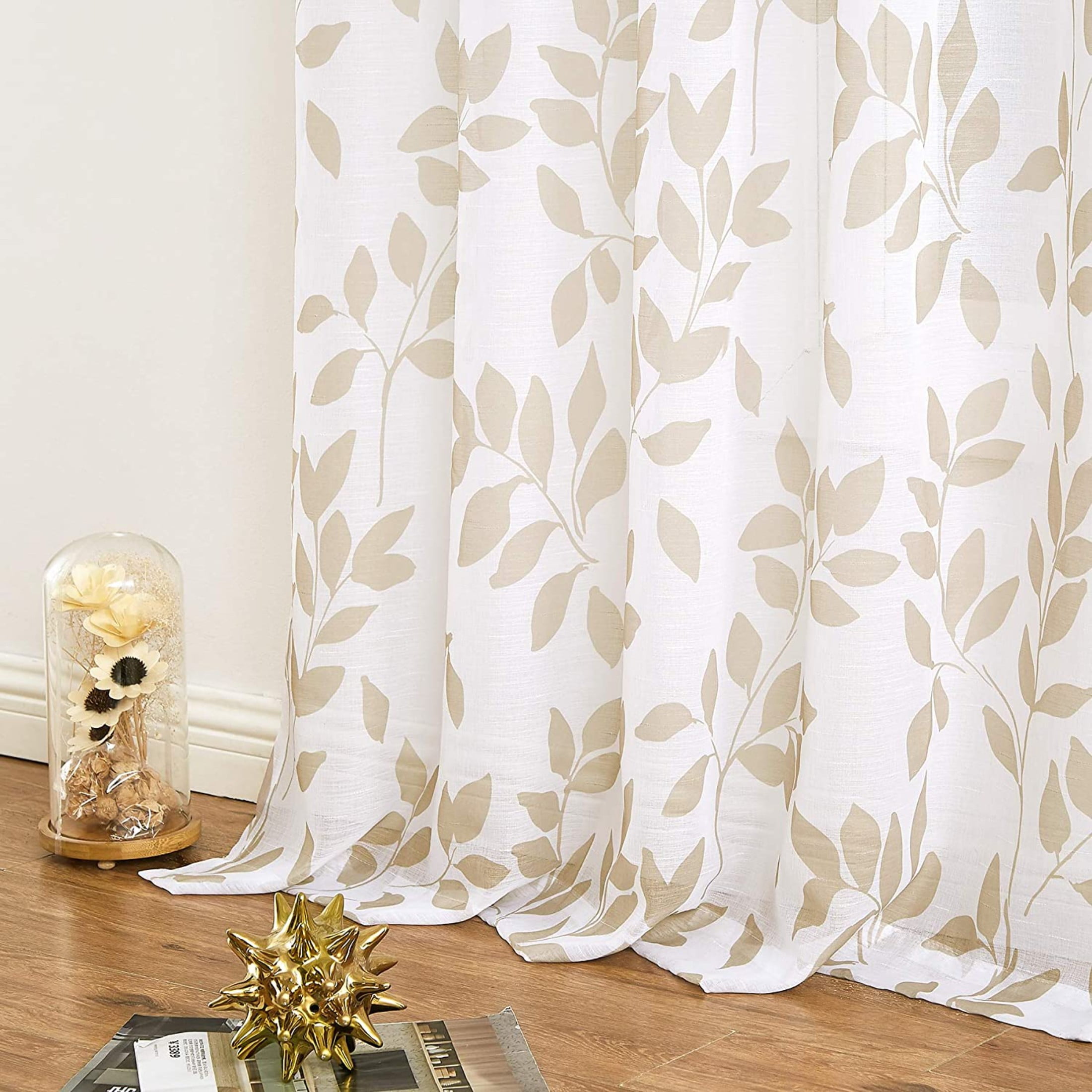 Exultantex Linen Texture Leaf Botanical Rod Pocket Sheer Curtain,50"W x 84"L,2 Panels,Grey