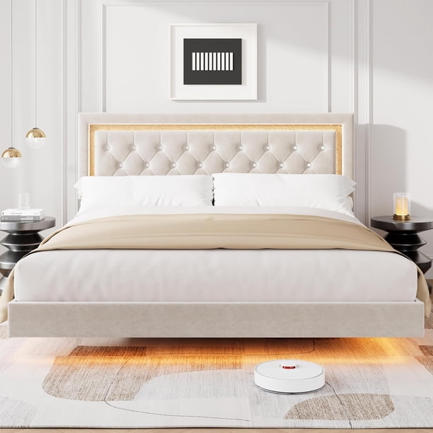 Cama Flotante King con Luces LED Inteligentes: Cabecero de Diamante Tapizado, Plataforma Sólida Silenciosa (Sin Somier) - Marco Moderno con Listones de Madera Maciza
