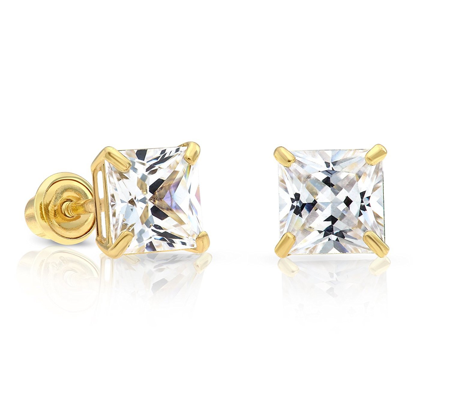 14k Yellow Gold Cubic Zirconia Princess Cut Stud Earrings with Screw Backs