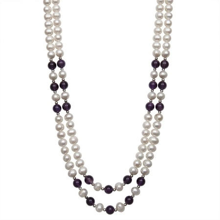 7-8mm Cultured Freshwater Pearl and 8mm Amethyst 2-Row Necklace with Sterling Silver Accent Beads, 17/19