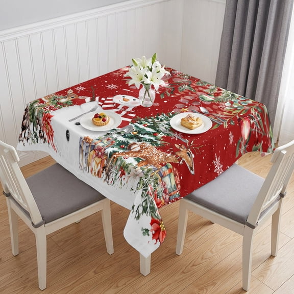 Red Christmas Table Cloth Waterproof Tablecloths, Snowman Xmas Tree Poinsettia Eucalyptus Tablecloth Dining Table Cover for Kitchen Party Tabletop Outdoor, Square Tablecloth 60x60 Inch