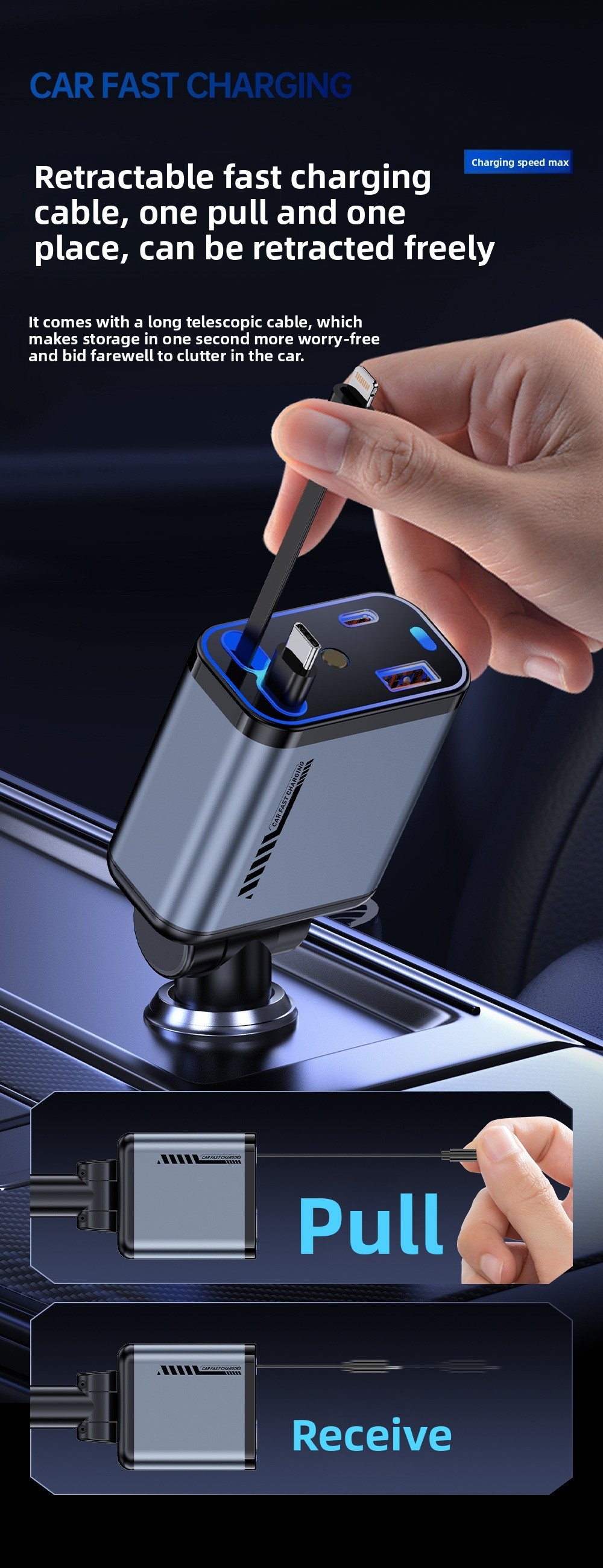 120W USB C Fast Car Charger with PD Quick Charge, 4 in 1 Retractable Cable Cigarette Lighter Car Charger, 180° Rotating Head, for iPhone and Android