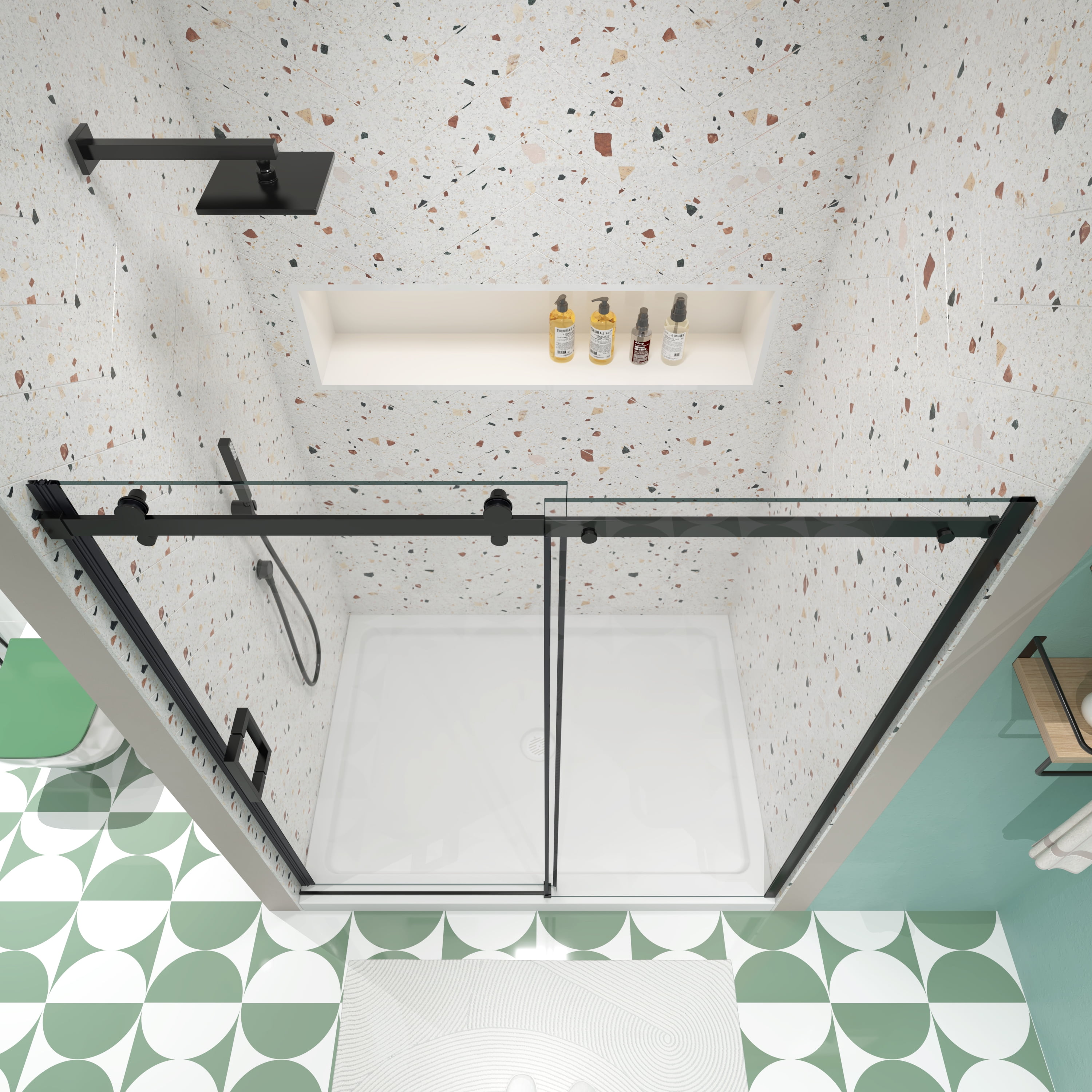 MAYEERTY 46-48"W x 74"H Double Sliding Shower Bypass Door, Tempered Glass & Stainless Steel Handle, Matte Black