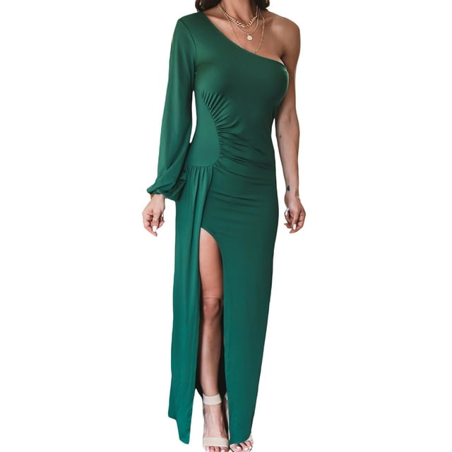 Mialoley Women Long Bodycon Dress Solid Color One Shoulde Spring Evening Party High Slit Dress
