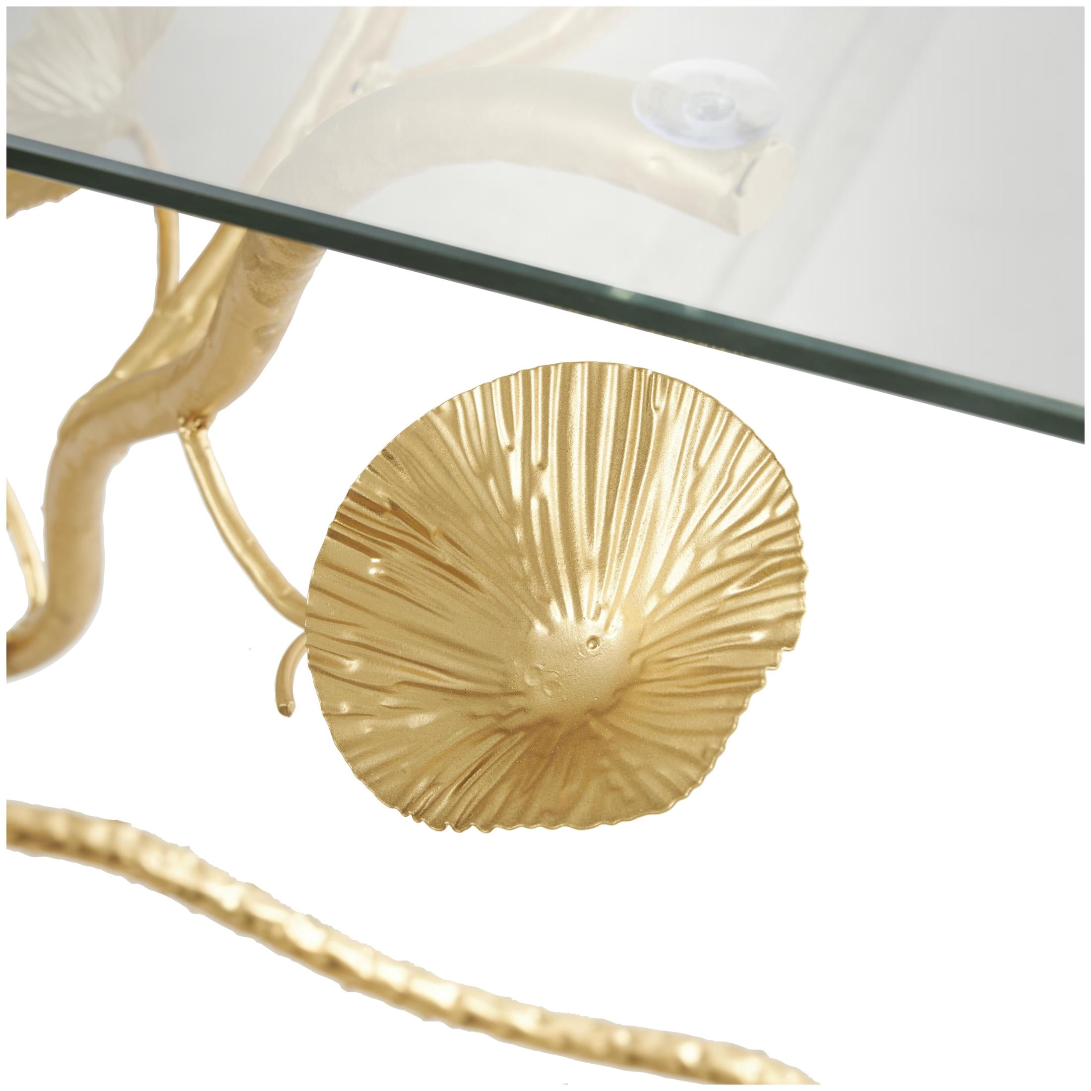 DecMode 43" x 32" Gold Metal Branch Floral Console Table with Tempered Glass Top, 1-Piece