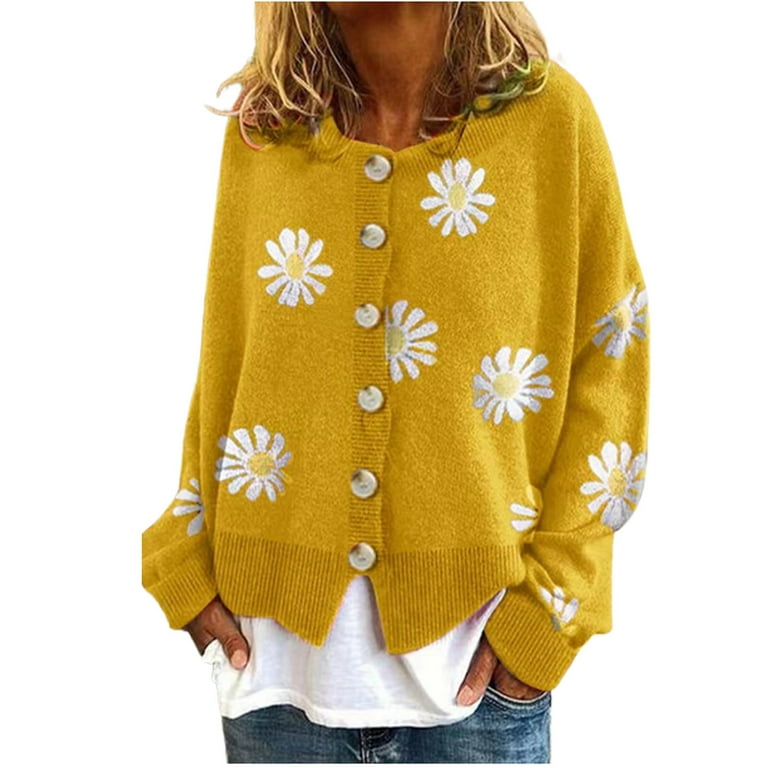 ZQGJB Cute Daisy Flower Printed Cardigan Sweaters for Women Aesthetic Classic Fit Button Down Open Front Jacquard Knitted Sweater Plus Size Tops Yellow 02 XL Walmart