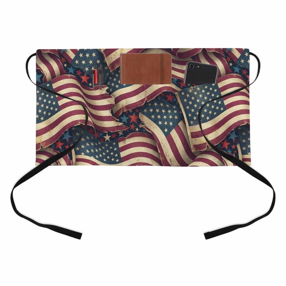 Independence Day Kitchen Restaurant Half Waist Apron, Retro American Flag Stripe Stars Patriotic Server Short Apron with 3 Pockets Waterproof Oil Waist Aprons for Women Waitress Waiter