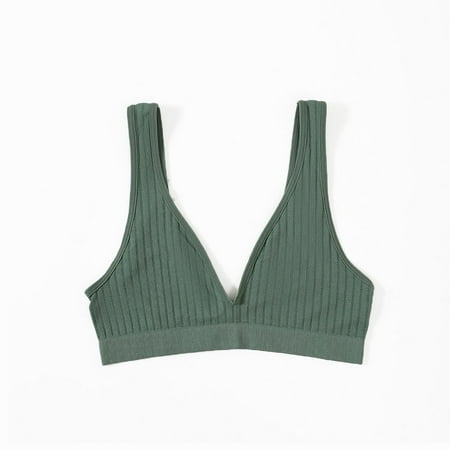 

Cotton Threaded Breathable Yoga Tops Wire Free Sleeping Bralette Deep V Seamless Bra Vest GREEN M