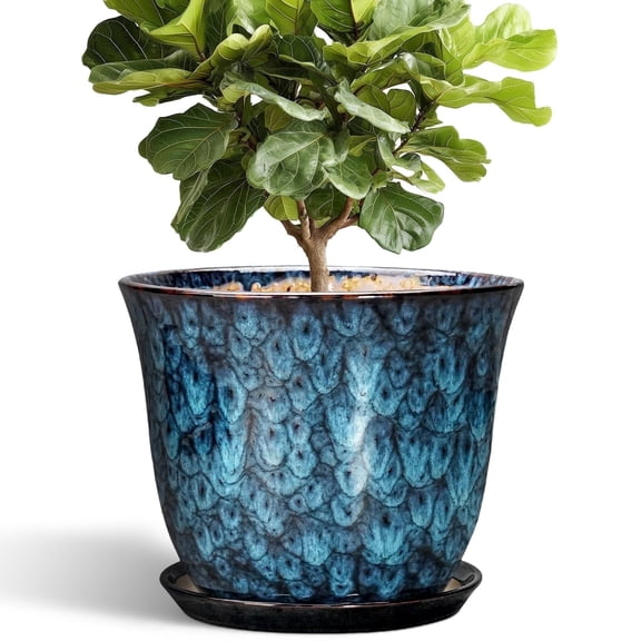 12 inch Extra Large Plant Pots, Round Ceramic Planter with Drainage for Indoor Trees & Tall Plants, Modern Housewarming Gift, Blue Glaze