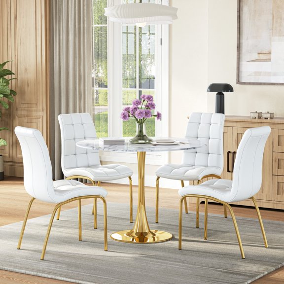 5-Piece Dining Room Set for 4, Round Faux Marble Glass Top Table with 4 PU Leather Chairs, Modern Furniture for Kitchen and Home