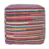 HomeRoots 18" Red Cotton Cube Striped Pouf Ottoman