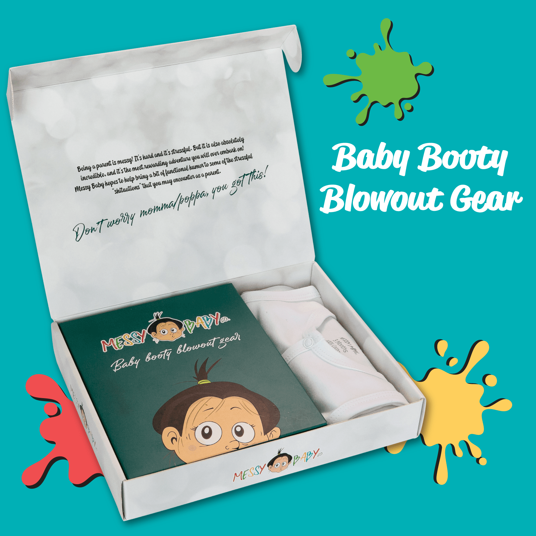 Messy Baby Co. Baby Booty Blowout Gear SIZE NEWBORN– Snap-Front Cotton Onesie + 20 Disposable Leak-Proof Pads – Stops Diaper Blowouts, Easy Outfit Changes