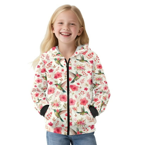 FKELYI Pink Floral Hummingbird Print Zip Up Hoodies for Kids Fall Sweatshirt Girls Jacket with Side Pockets Winter Activewear Top Cosy Hooded Clothes, XL
