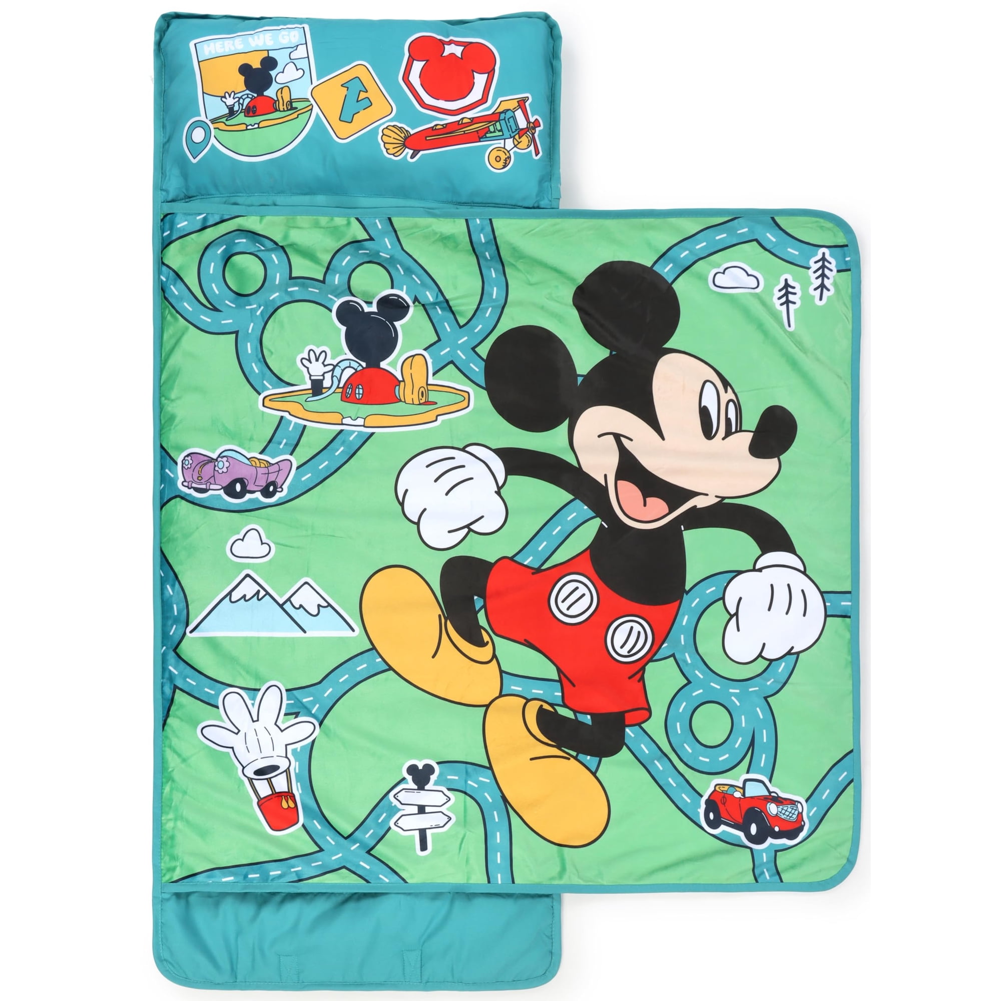 Jay Franco Kids Nap Mat with Embedded Pillow & Blanket – Soft 46"x20" Microfiber Sleeping Bag with Name Tag & Handle Green - Mickey Mouse