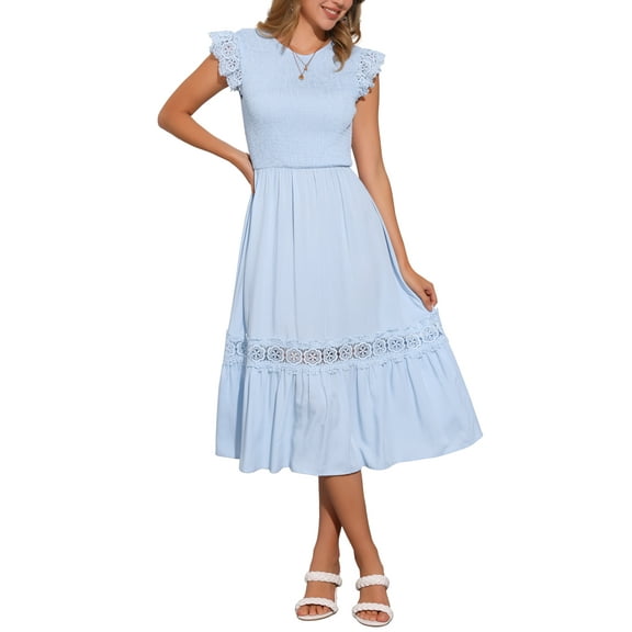INSPIRE CHIC Summer Boho Midi Dress for Women's Flutter Sleeve Lace Trim Smocked Ruffle Flowy Beach Dress XS Blue